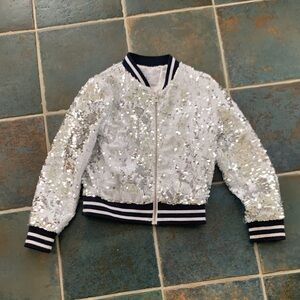 Kids Sequin Bomber Jacket - Silver & White